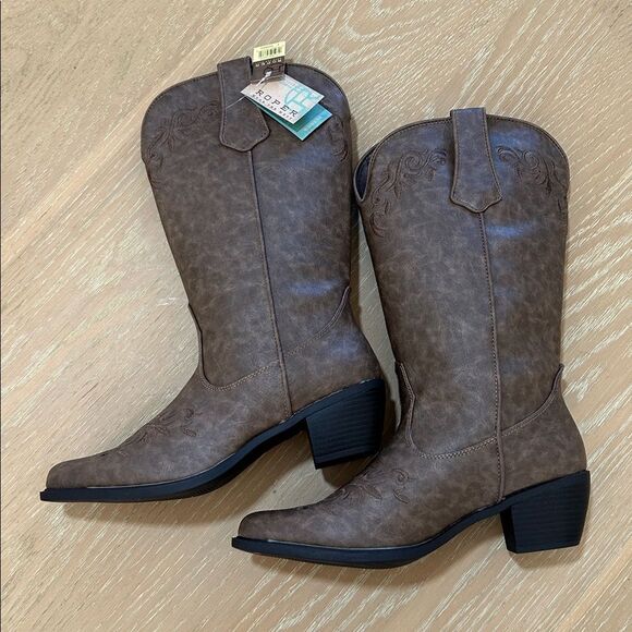 Roper COWBOY BOOT TAN ANTIQUED FAUX LEATHER WITH SCROLL EMBROIDERY, Size 9, NWT - Picture 2 of 14
